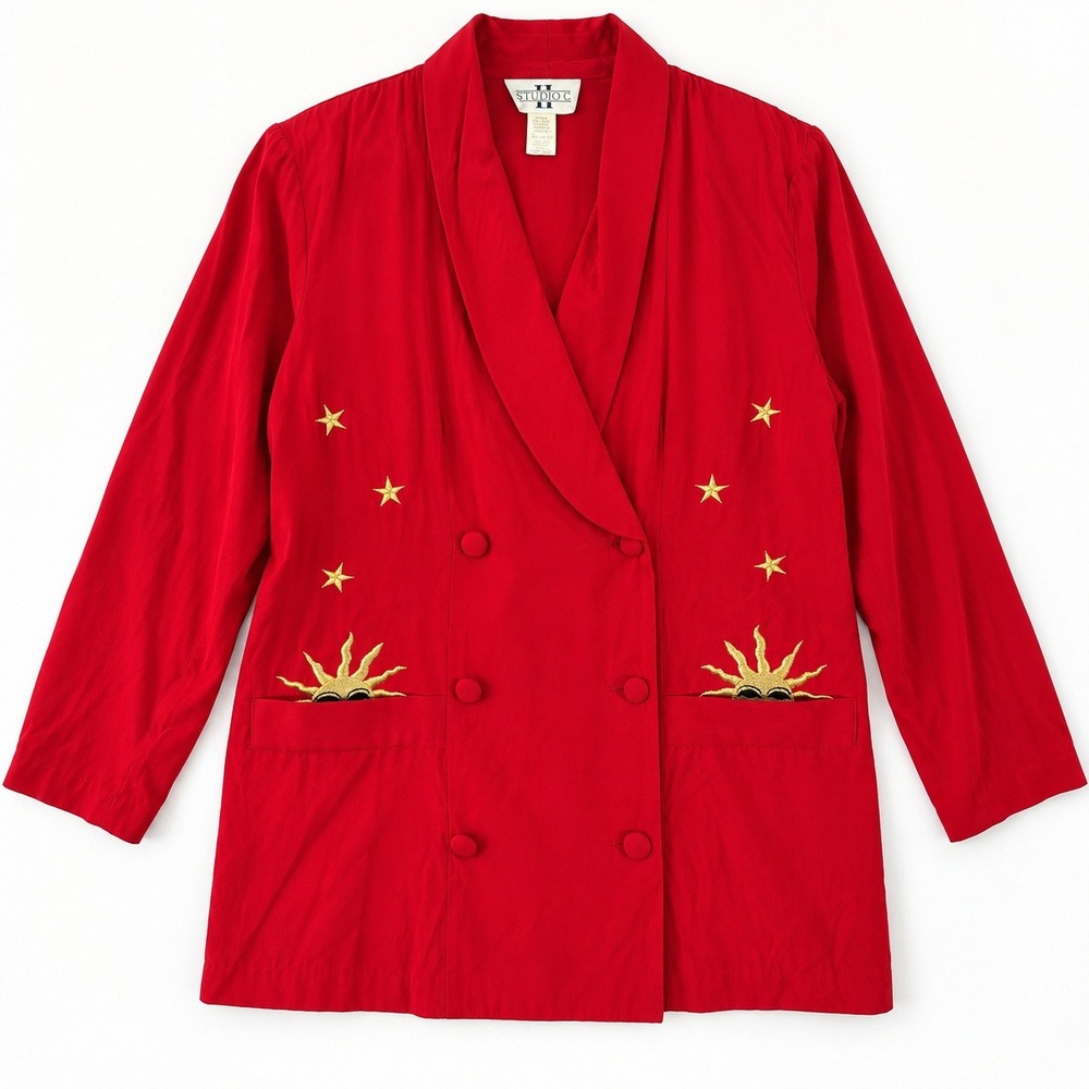 Vtg 80s Celestial Suit Red Sun Star Embroidered Pant Set 18W Maximalist Dopamine